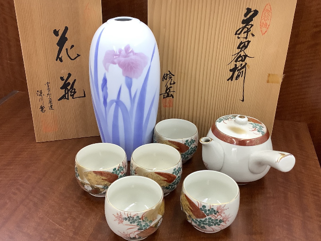 実家整理 手描き九谷焼金彩 煎茶茶器セット急須湯こぼしつき湯呑み5客